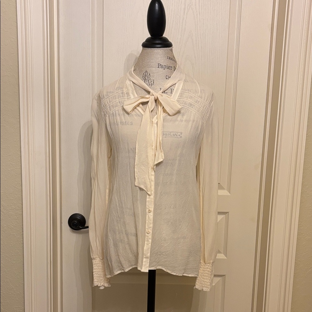 Hinge Silk Cream Blouse with Bow Detail